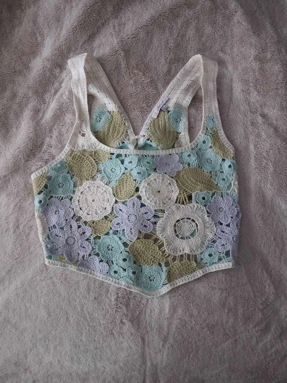 Fashion Nova Crochet Floral Crop Top in White, Light Blue & Sage